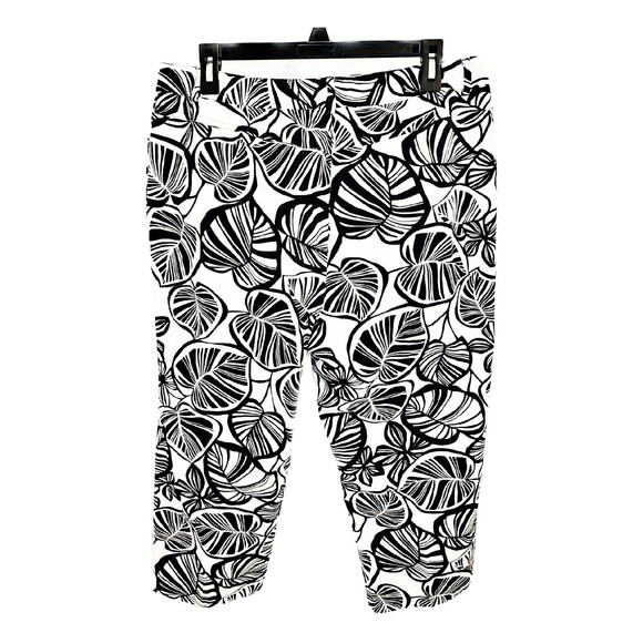 Talbots Petites Stretch Black White Leaf Print Cropped Pants Capris Palm Sz 14 - Picture 2 of 5